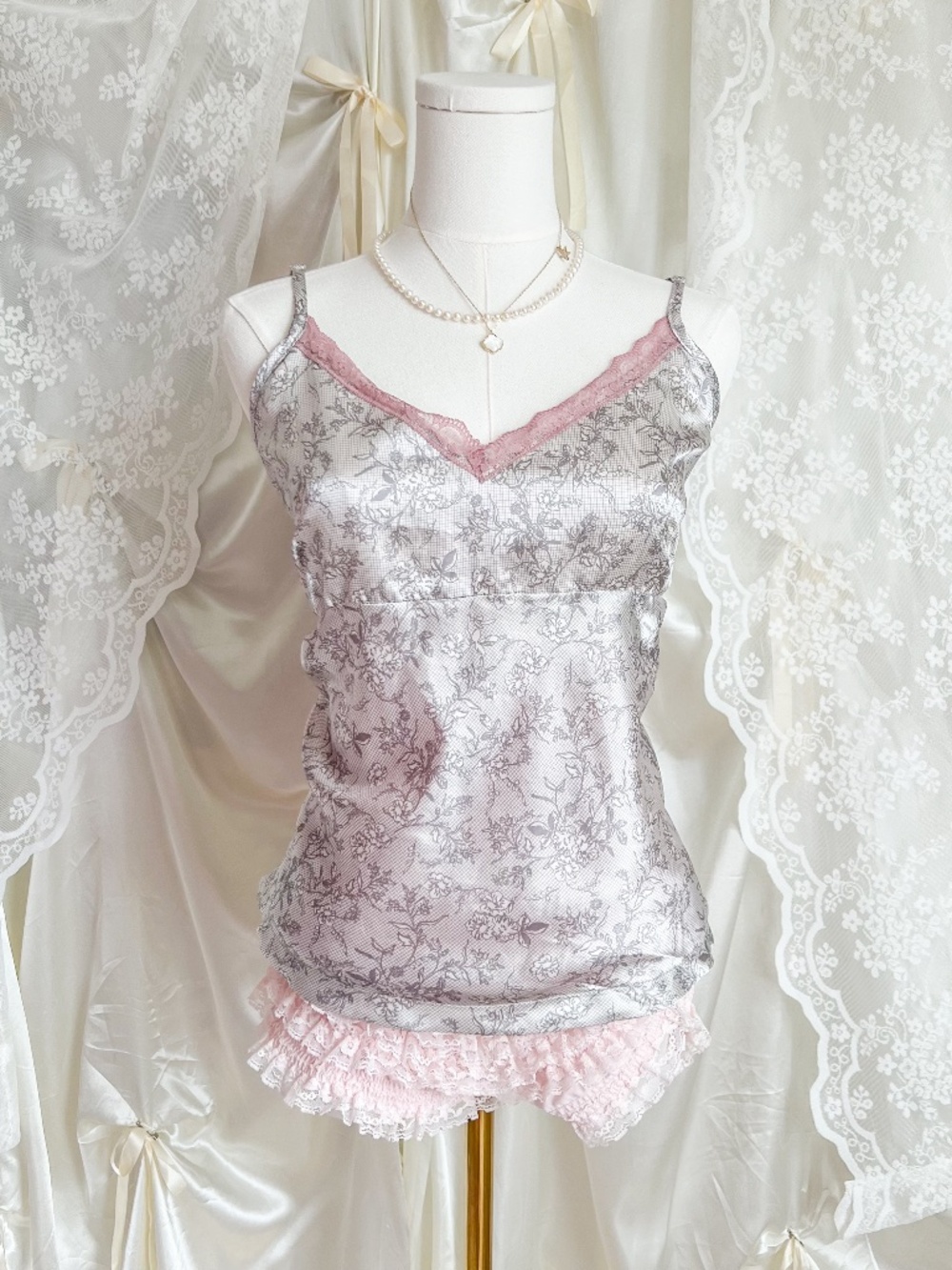 Y2K Gray Toile Lace Cami – Coquette Mesh Floral Lingerie Tank